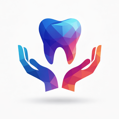 Colorful tooth and hands logo on a white background