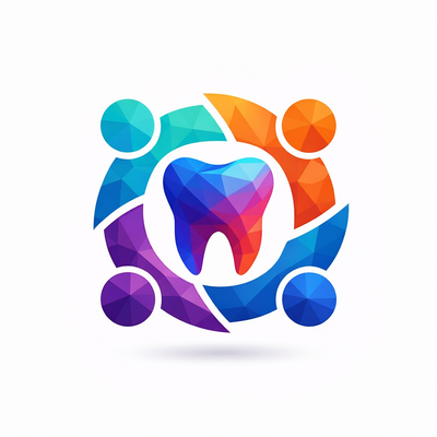 Colorful logo with a tooth and abstract shapes on a white background