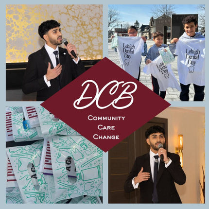 Collage of images with a man speaking, people holding signs, and printed materials, featuring the DCB logo.